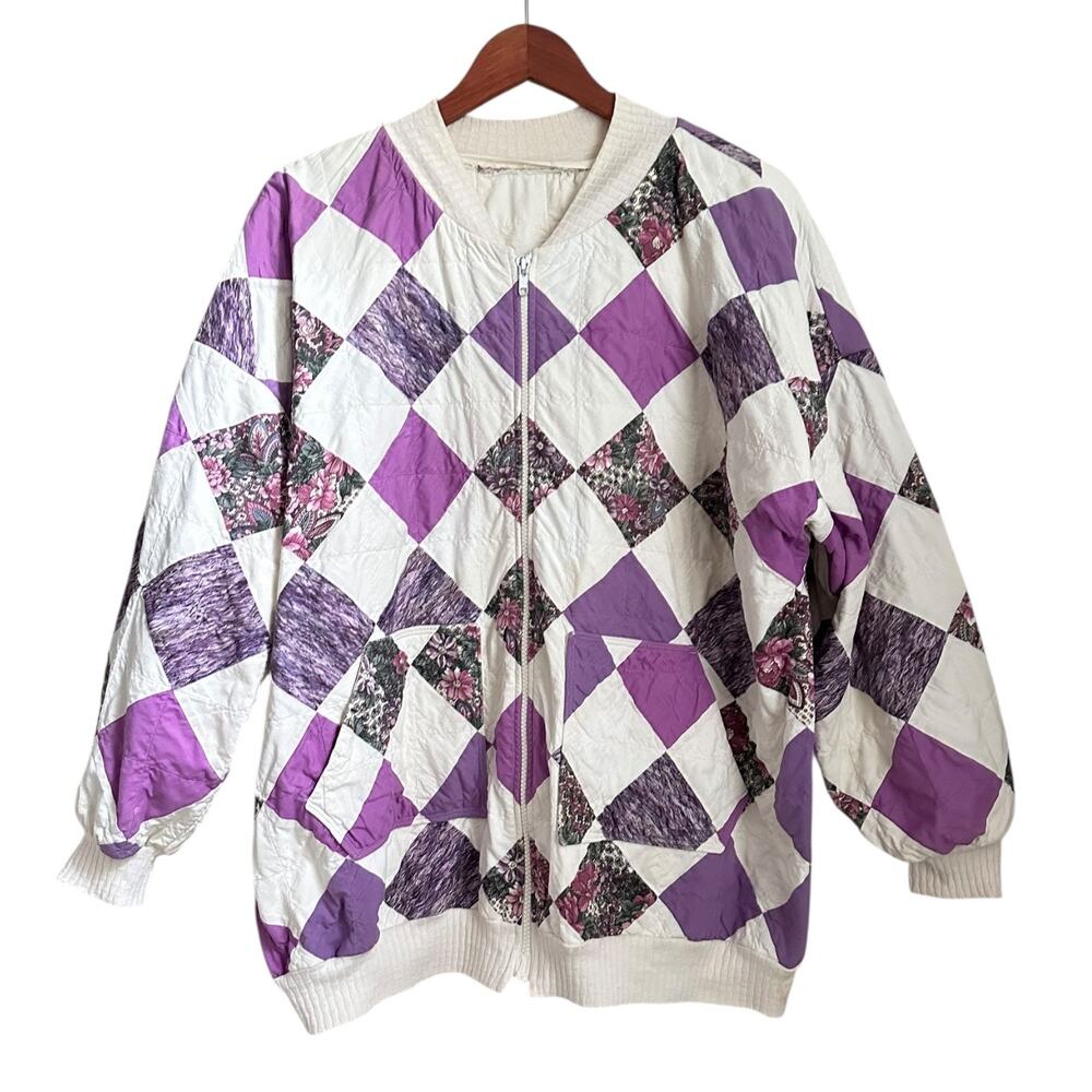 Vtg Handmade Patchwork Jacket M/L Purple Floral Quilted Zip 80s 90s Cottagecore